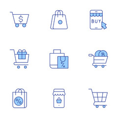 Shopping icons set. Line Duotone style, editable stroke. shopping cart, buy, online shopping, shopping bag, shopping trolley