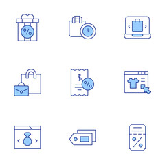 Shopping icons set. Line Duotone style, editable stroke. ticket, online shop, bag, laptop, label, gift box, purse