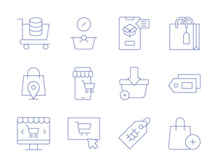 Shopping icons. Thin Line style, editable stroke. bag, online, online shop, add to cart, price tag, label