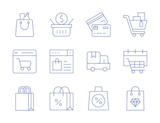 Shopping icons. Thin Line style, editable stroke. bag, purchase, basket, online , cart, credit card, standard, discount