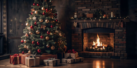 Christmas tree decorated fireplace cozy home interior. 
