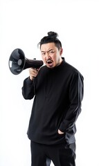 Angry Asian man shouting through a black megaphone on white background