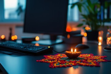 close-up of a neatly arranged desk in a corporate office, glowing Diwali candles and intricate rangoli designs surrounding a computer and files