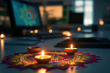 close-up of a neatly arranged desk in a corporate office, glowing Diwali candles and intricate rangoli designs surrounding a computer and files