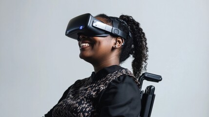 Portrait of a smiling Black woman using a wheelchair and wearing VR tech, minimal background focusing on her expression and the technology.