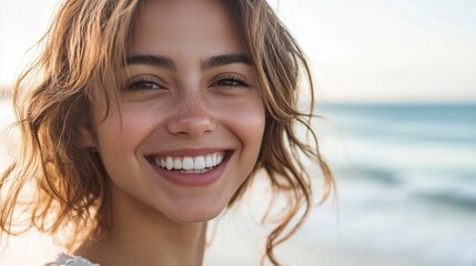 Fototapeta premium Close up of a smiling woman with wavy hair at the seaside, minimal background with copy space focusing on her expression.