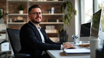 Businessman seated at a desk in a modern office, simple composition with copy space and minimal distractions.