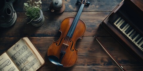 A rustic arrangement featuring a violin, sheet music, and vintage decor elements on a wooden...