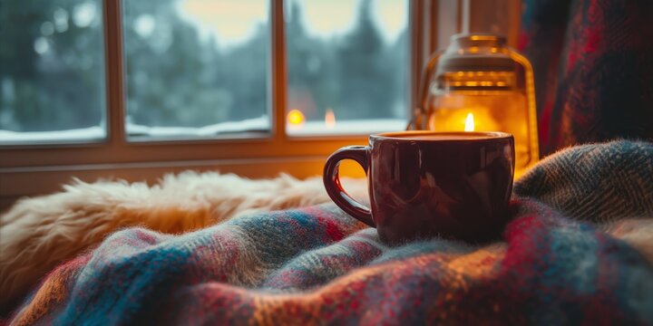 A comforting drink next to flickering candlelight, set in a cozy window nook that invites warmth and introspection.