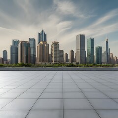 Modern city skyline at sunset with skyscrapers reflecting golden sunlight, spacious tiled floor, and metal railing in the foreground, perfect for urban lifestyle, travel, and architecture content.
