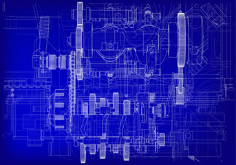 Two-cylinder engine on a blue background. Mechanical engineering.