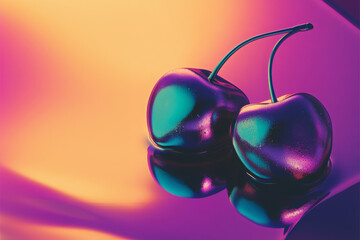 Vibrant neon cherries capture the essence of temptation and allure through a biblical lens in an abstract setting