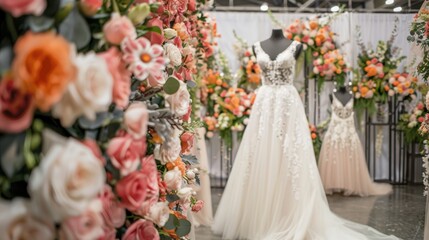 Elegant Wedding Expo Display with Bridal Gowns and Floral Arrangements for Event Promotion