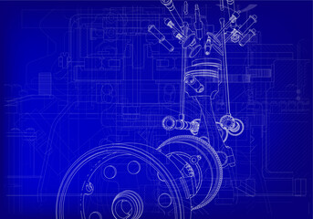 Two-cylinder engine on a blue background.