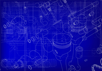 Two-cylinder engine on a blue background.