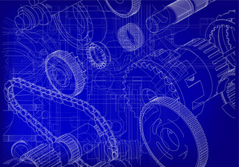 Two-cylinder engine on a blue background.