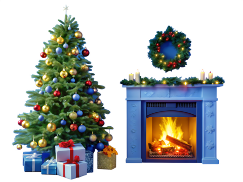 christmas tree and fireplace on transparent background.