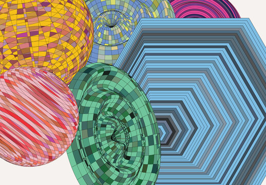 Set of Abstract 3D Multicolored Wire Frame Geometric Shapes