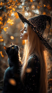Noche de Halloween, bruja con gato negro espeluznante. D&iacute;a de los Muertos y el terror, festividad a nivel mundial.