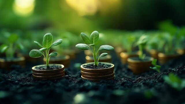 Sprouts Growing on Coin Stacks, Looping, Green Business, Growth, Recycling, Renewable Energy, Environmental Consciousness Concept, HD high quality.