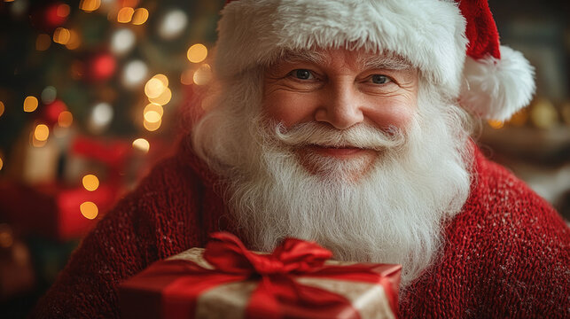 Santa Claus o Pap&aacute; Noel llega en Navidad con regalos para los ni&ntilde;os, la alegr&iacute;a y la ternura de la Navidad en familia.