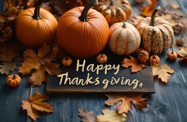 Cursive Happy Thanksgiving on Wooden Background with Pumpkins and Leaves