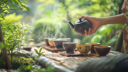 Hand pouring steaming tea into cups in a lush garden, evoking tranquility and mindfulness