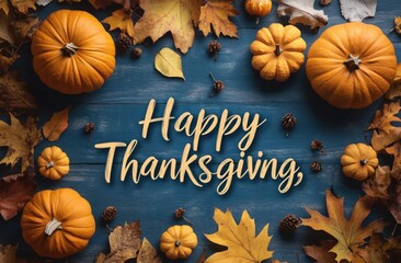 Cursive Happy Thanksgiving on Wooden Background with Pumpkins and Leaves