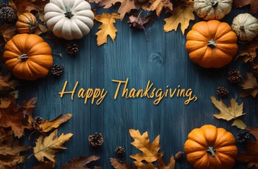 Happy Thanksgiving in Cursive on Wooden Background with Pumpkins and Leaves