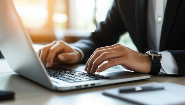 Business Man Typing On Laptop Computer At Office, Searching Information And Surfing The Internet At Workplace - Closeup View