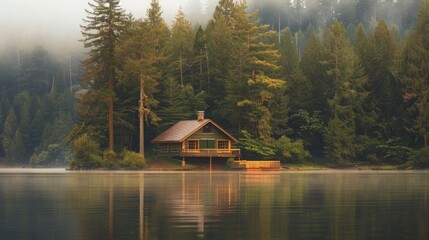Fototapeta premium A cozy cabin sits nestled amidst tall trees on the edge of a serene lake, with fog creating a mystical atmosphere.