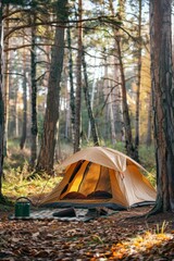 A tan tent is pitched in a forest setting with sunlight filtering through the trees.
