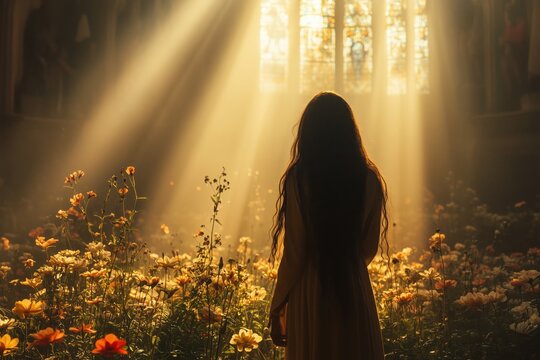 A serene garden at dawn, where Mary Magdalene encounters the risen Christ among blooming flowers and glowing sunlight