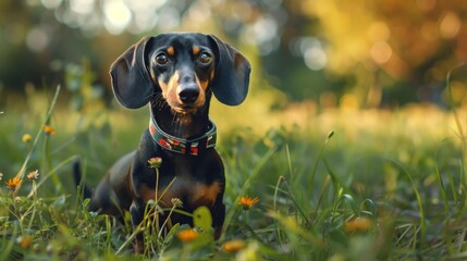 A black and tan dachshund sits in a field of green grass with yellow flowers. The dog is wearing a colorful collar and looking at the camera.
