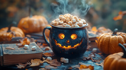 Halloween-themed cauldron filled with treats, pumpkins, and foggy atmosphere.