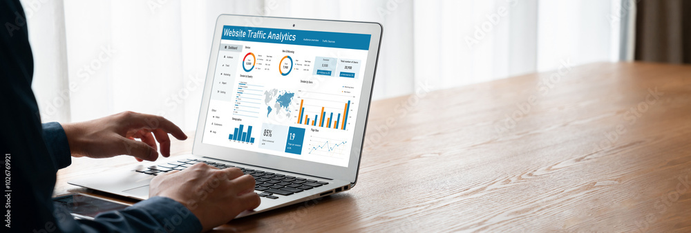 Poster computer software for website traffic analytics data on computer screen. concept of seo search engin