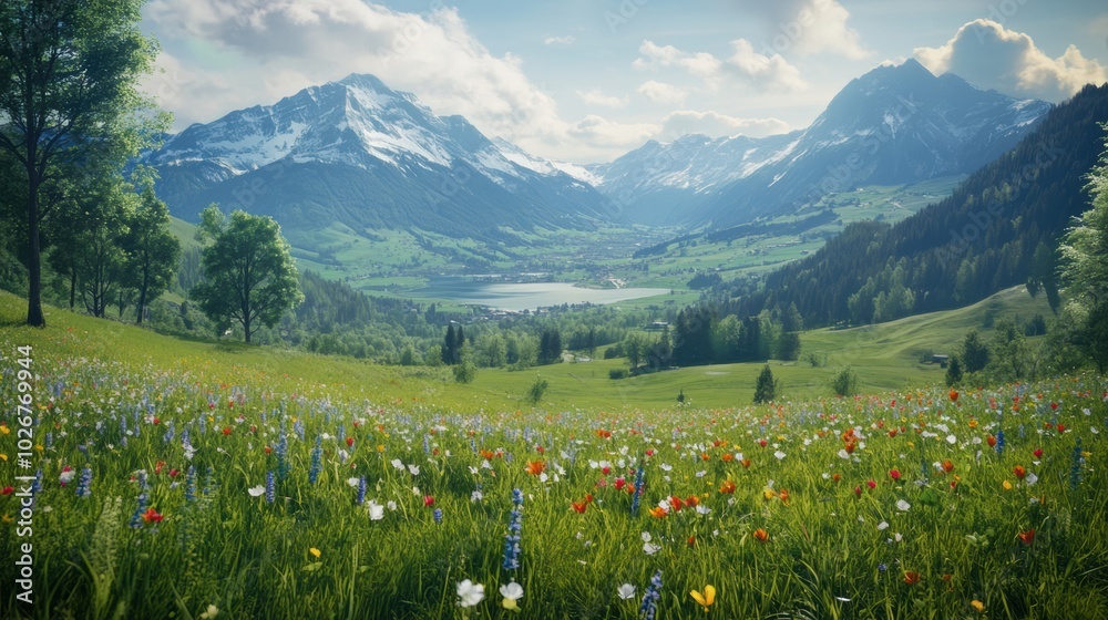 Poster Vibrant wildflowers bloom in a Swiss valley, framed by majestic mountains under a clear blue sky during springtime. Generative AI