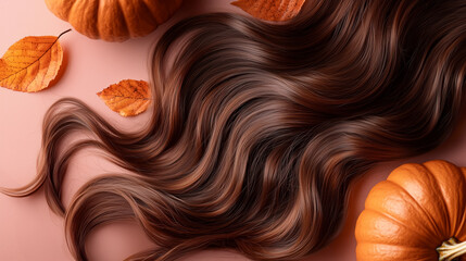 Smooth and healthy hair with autumn leaves and pumpkins, perfect for hair salon promotions. Halloween and Thanksgiving offers.