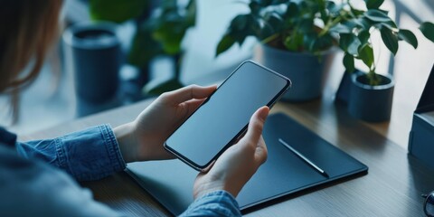 A person holding a smartphone with both hands, sitting at a desk