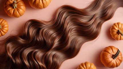 Healthy hair with pumpkin decor, perfect for hair salon autumn promotions. Halloween and Thanksgiving sale.