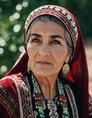 A mature Tajik woman 75 years old, gazes directly, showcasing intricate traditional attire, rich cultural heritage of her nationality, evoking wisdom and grace. Brunette woman, wearing a headscarf. AI