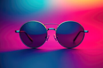 Retro Round Sunglasses on Vibrant Neon Background with Reflection and Stylish Gradient