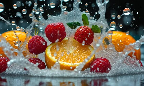 Naranjas con frutillas alrededor, todas brillantes y salpicadas con agua, evocan una sensaci&oacute;n de frescura y vitalidad. El naranja intenso de la naranja y el rojo profundo de las frutilla crean un con