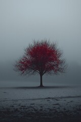 Solitary tree with striking red leaves in a foggy, gray landscape.