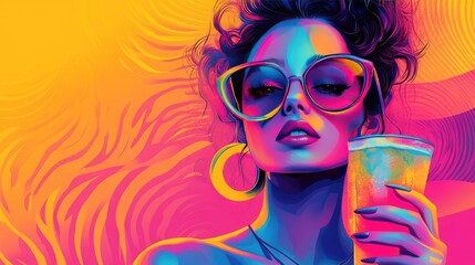 Vibrant Pop Art Portrait of Stylish Woman Holding Drink Amidst Bold Colors
