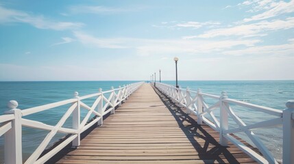 A white wooden pier stretches out over the calm blue ocean on a sunny day. The pier is lined with white railings and features lamp posts, leading to a peaceful horizon.