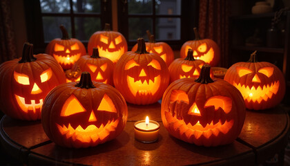 Obraz premium Seamless background: jack-o'-lanterns in various expressions