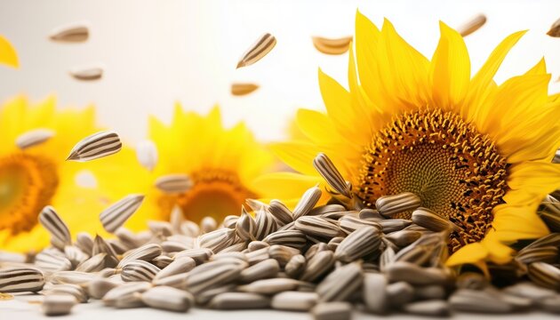 Isolated Flying Sunflower Seeds Group On White Background - Raw Seeds With Shell In A Heap, Fresh Edible Striped Oil Seeds.