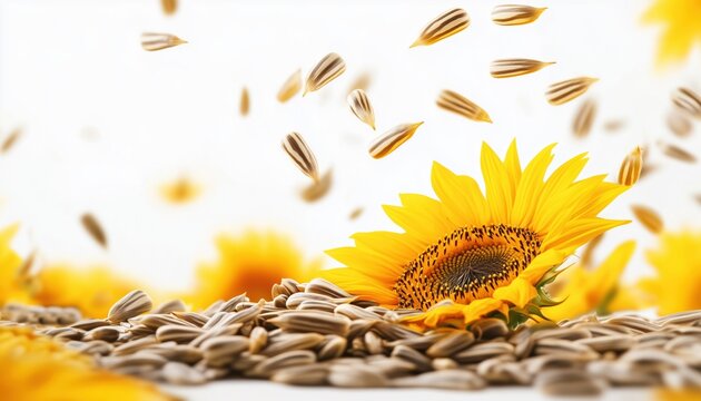 Isolated Flying Sunflower Seeds: Raw Seed Group With Shell, Fresh Edible Striped Oil Seeds Heap On White Background Side View.