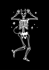 Cute Skeleton with devil horns and tail | Halloween theme print for Graphic Tee. Illustrator Vector. PNG. JPG.